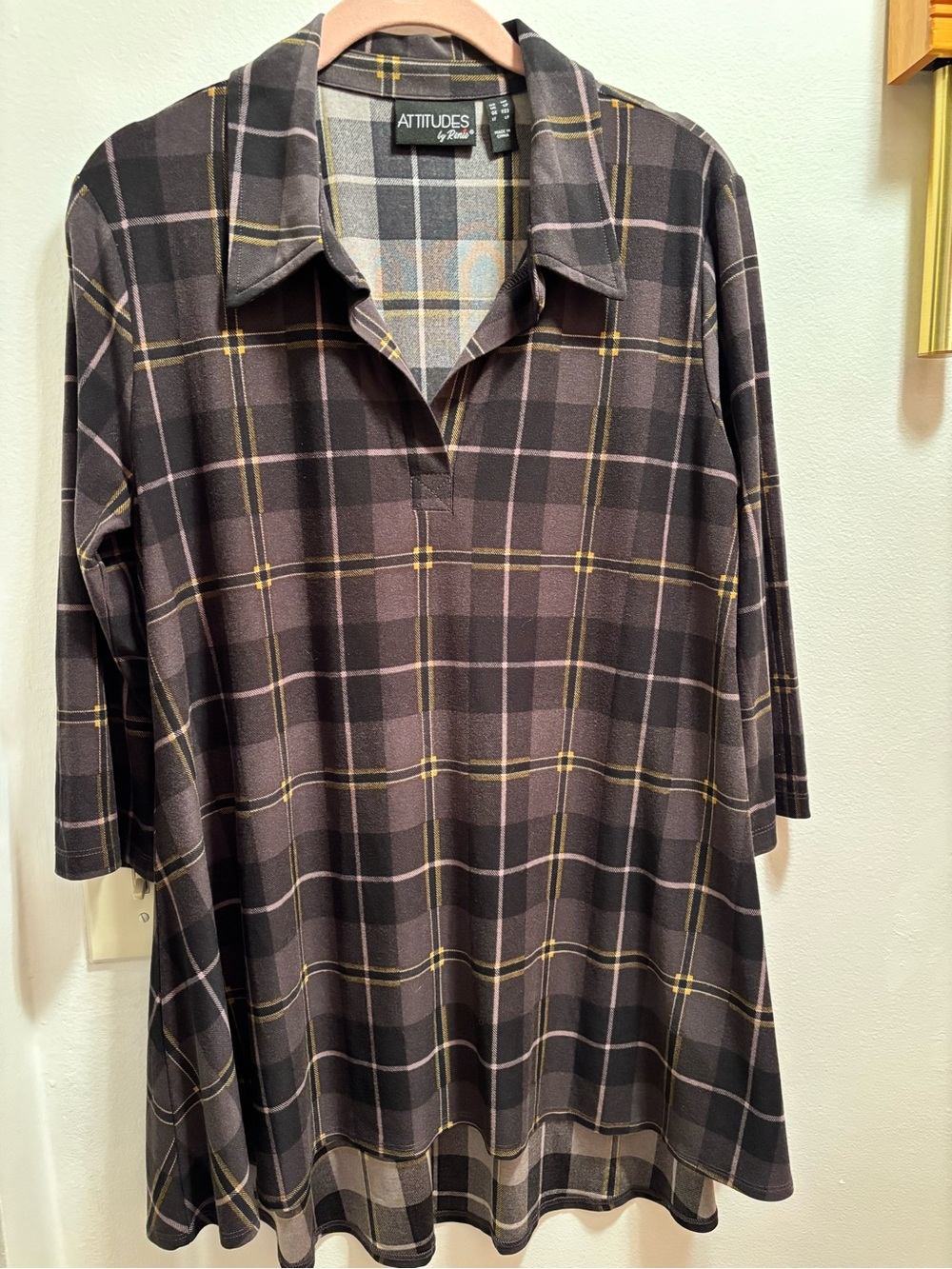 Attitudes by Renee Black and Gray Plaid Short-Sleeve Polo with Yellow Accents